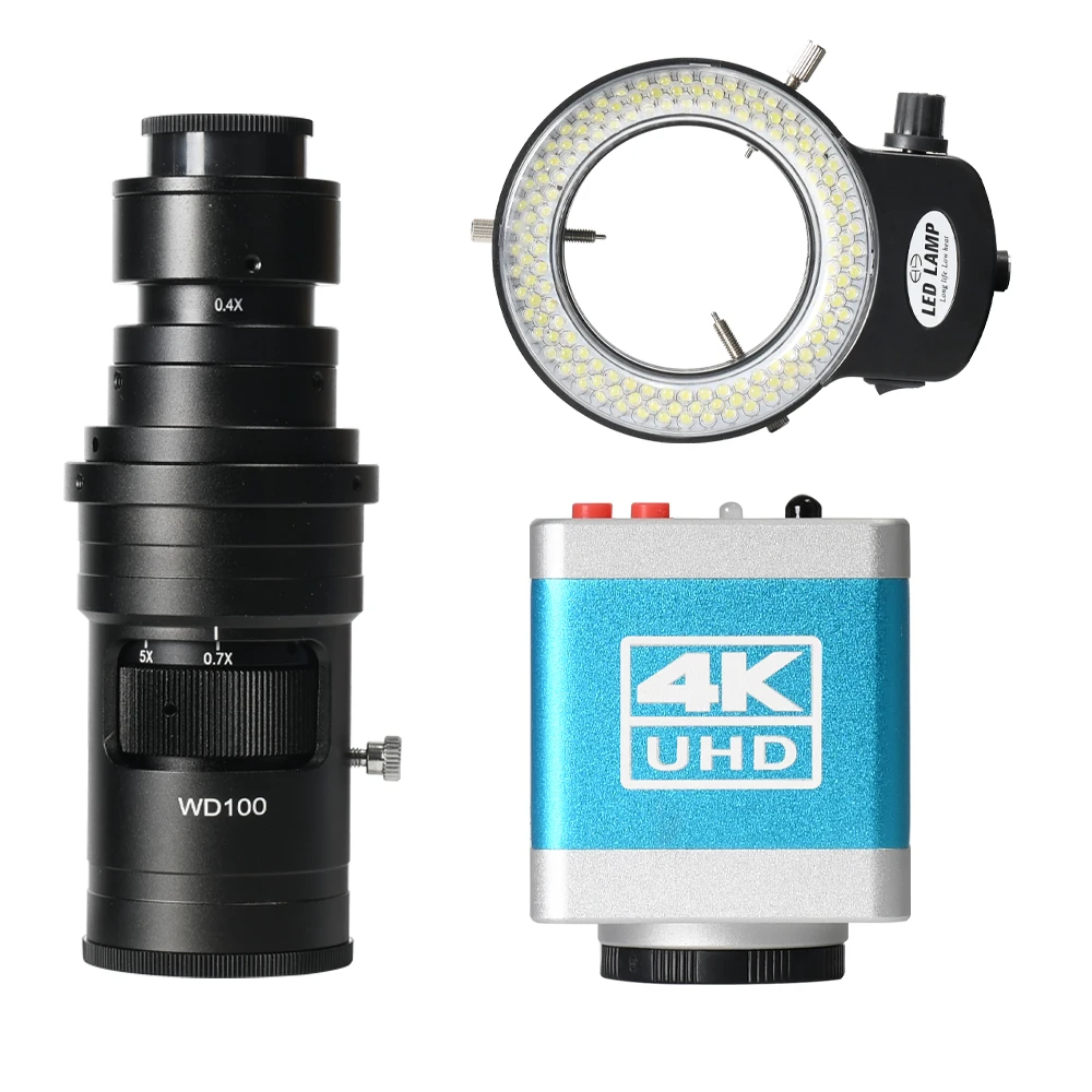 Ultra HD 4K 1080P USB HDMI Digital Microscope Camera +0.7-5X Magnification HD Lens+144LED Ring Light Lamp