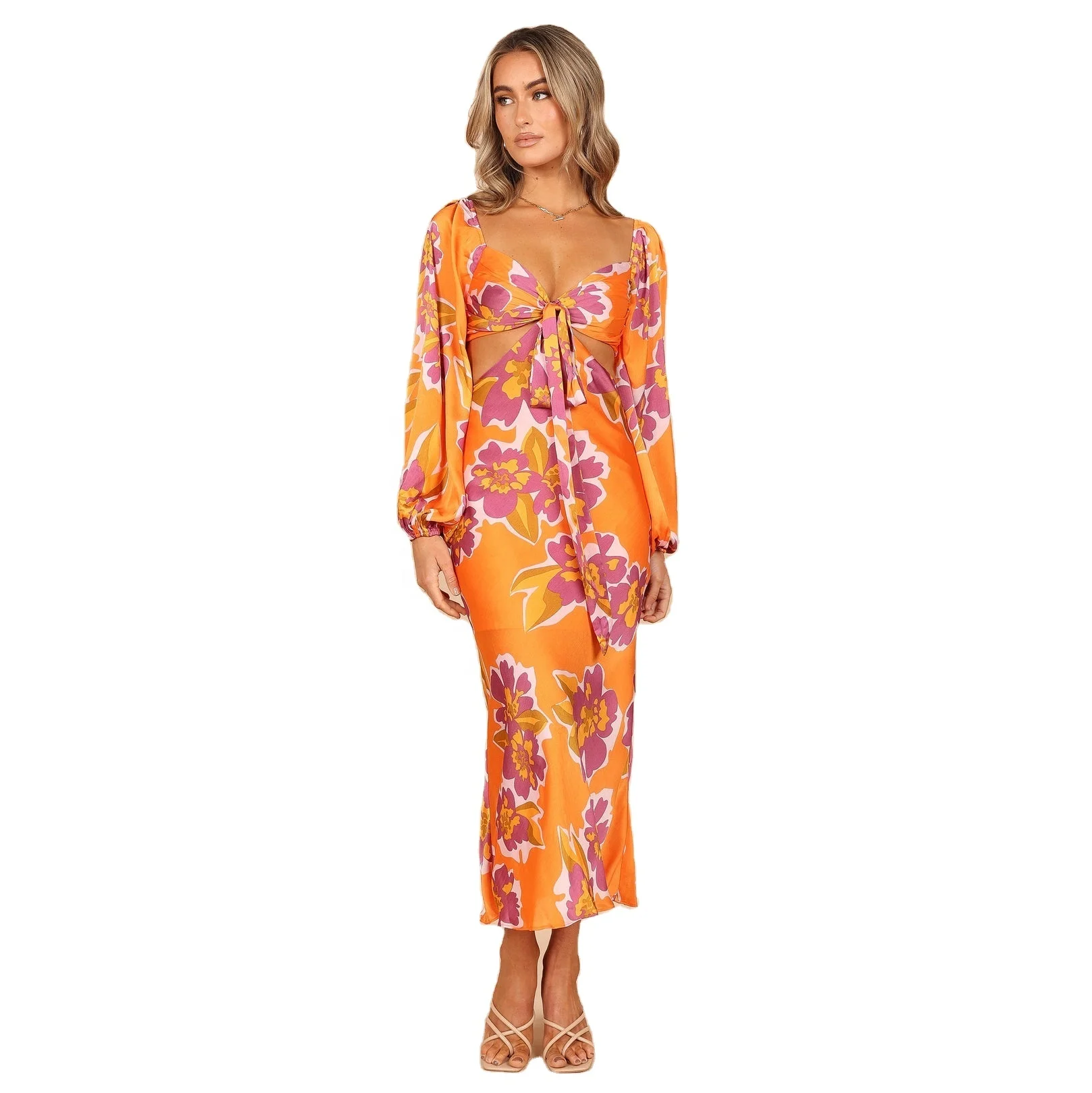 OEM/ODM Spring Floral Print Throughout Back Cut Out Garden Long Floaty Sleeve Midi Dresses