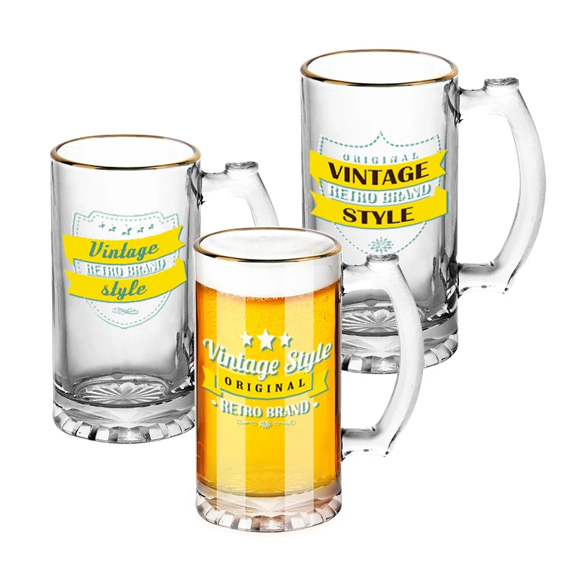 470ml Durable Big Beer Drink Mug Gold Rim Glass Cup Drinking Tea Vintage Mugs Handle Juice 16oz Clear