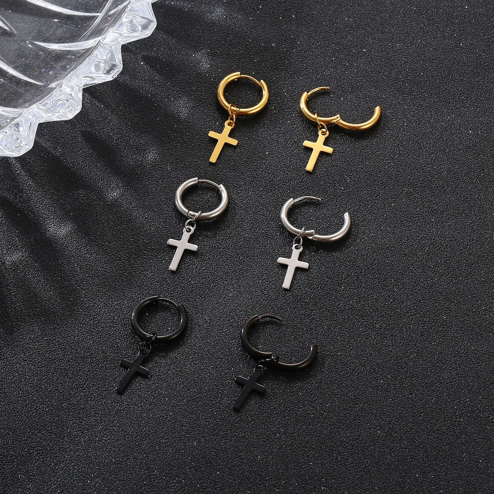 Christian Mens Ear Clips Jewelry Cross Earrings Stainless Steel Small 18K Gold Plated Hoops Earrings For Men Women