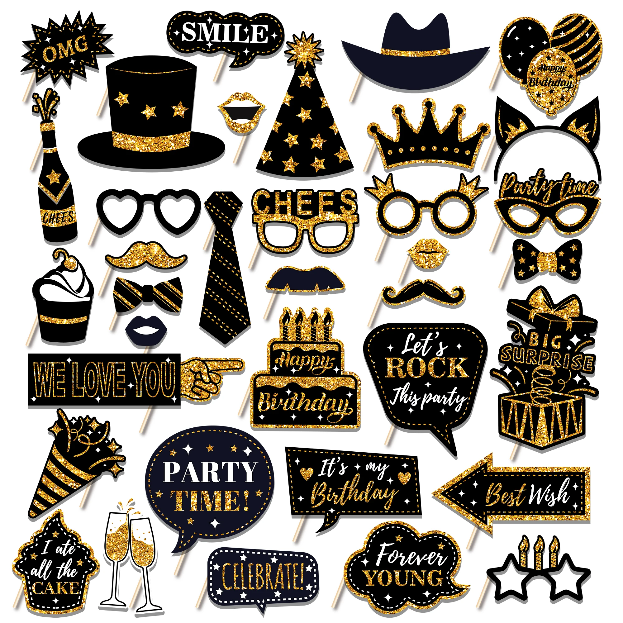 PZ307 Happy Birthday Photo Props Decoration Four Colors 36pcs Photo Booth Props for Kids Birthday Party Supplies