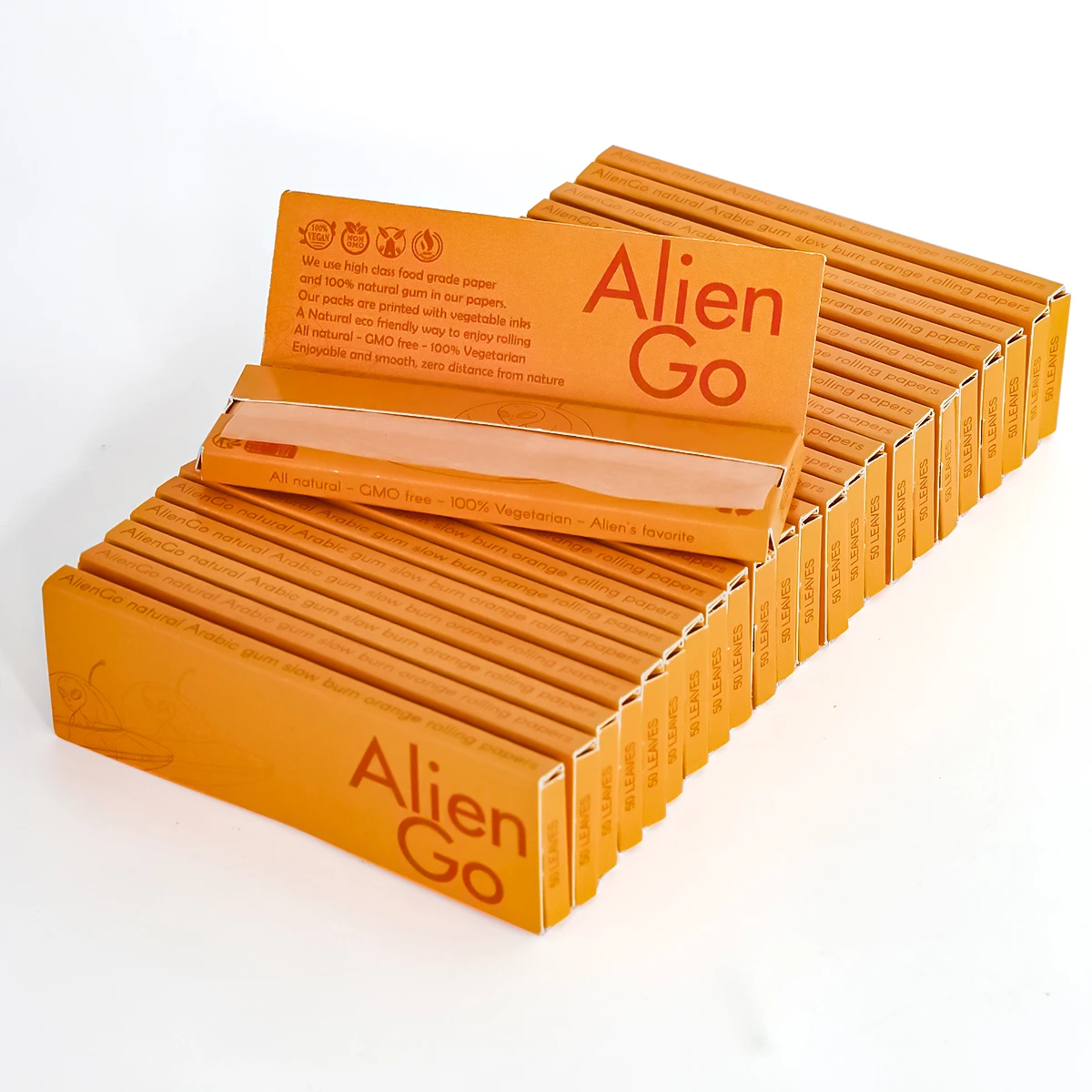 Alien Go Smoking Rolling Paper 1 1/4 Size Organic Orange Paper 50 Leaves Natural Arabic Gum Wholesale Custom Logo Smoking Paper