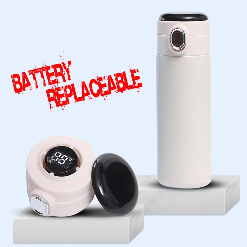 Replaceable Battery LED Temperature Display Stainless Steel Bounce Cup Vacuum Tumbler Pop Up Lid Coffee Mug Pea Thermos
