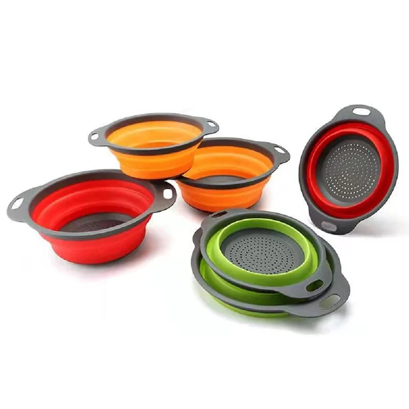 Circular Telescopic Set Collapsible Silicone Colander Folding Drain Basket Filtering Washing Vegetable Fruit Basket with Handle