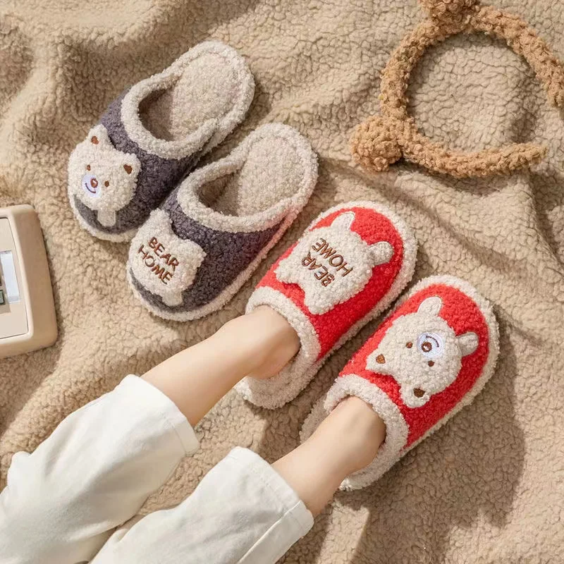 Winter Quiet Indoor Soft Cozy Plush Fluffy Cute Lovely Bear Cotton Slippers for Kids Boys and Girls Floor Mop PVC