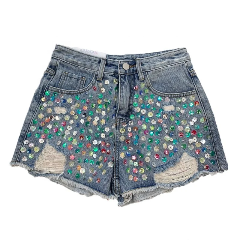 High Street Stylish Colorful Hand Sewn Crystal Rhinestone Girls Jeans Denim Shorts