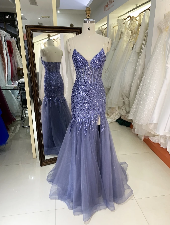 2024 green New embroidery sleeveless satin mermaid lace up back long prom evening women dresses wholesale