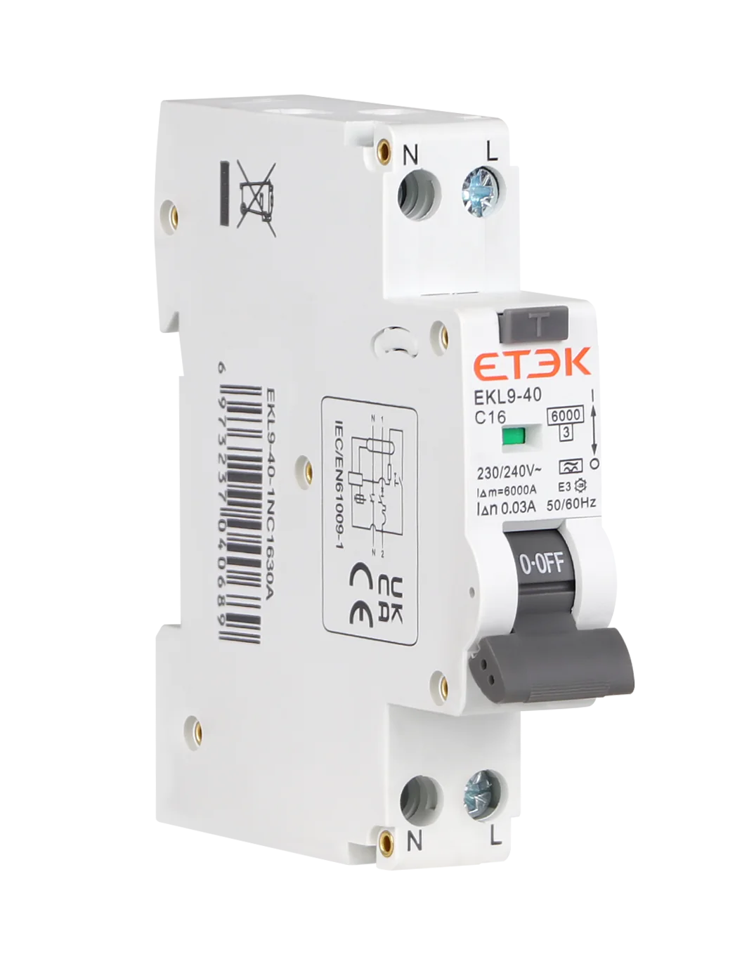 ETEK EKL9-40-1630  RCBO 16A 30mA 6kA Double Pole Type A (B Curve) Switched Neutral