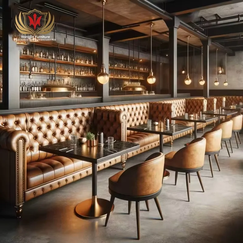 HJ HOME Light Luxury Retro Bar Fast Food Restaurant Vintage Booth Sofa Classic Leather Dining Chairs Set Project Couch