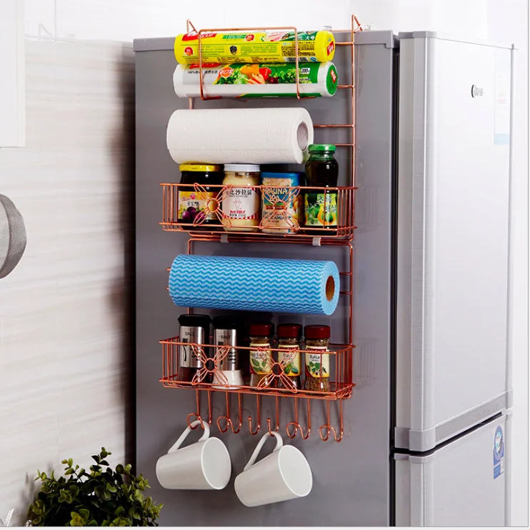 Copper-plated wrought iron kitchen spices and paper towels large multi-layer refrigerator side racks