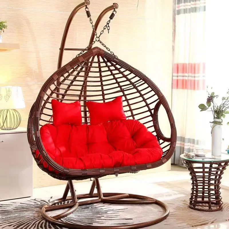 High quality double pole bracket outdoor garden rattan swing double hanging chair with big cushion