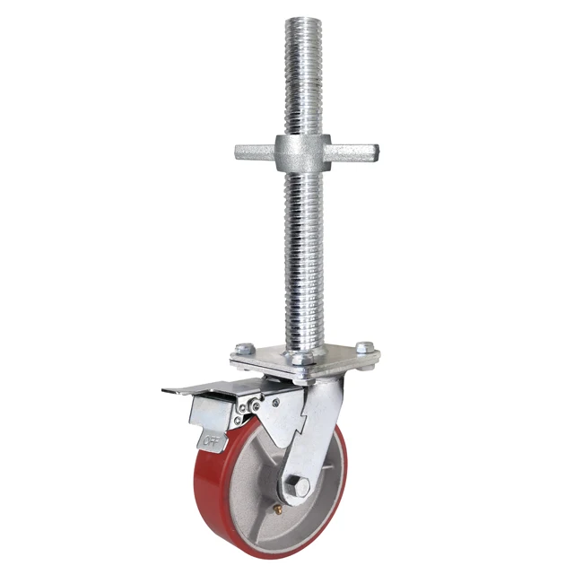 Heavy duty total brake castor adjustable screw stem iron core Polyurethane wheel 4 / 5 / 6 / 8 inch mobile scaffolding PU caster