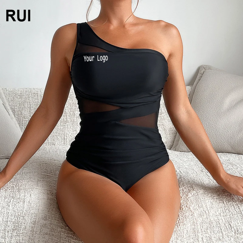 Best Selling Sexy Swim Suits Lady High Waist Cut Out Mesh One Shoulder Swimsuits See Through Swimwear