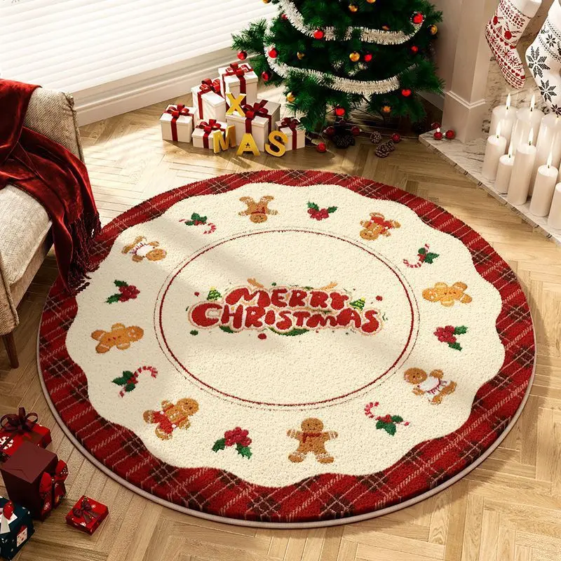 Round Christmas living room imitation cashmere floor mat, dirt-resistant absorbent non-slip mat, home study bedroom soft carpet