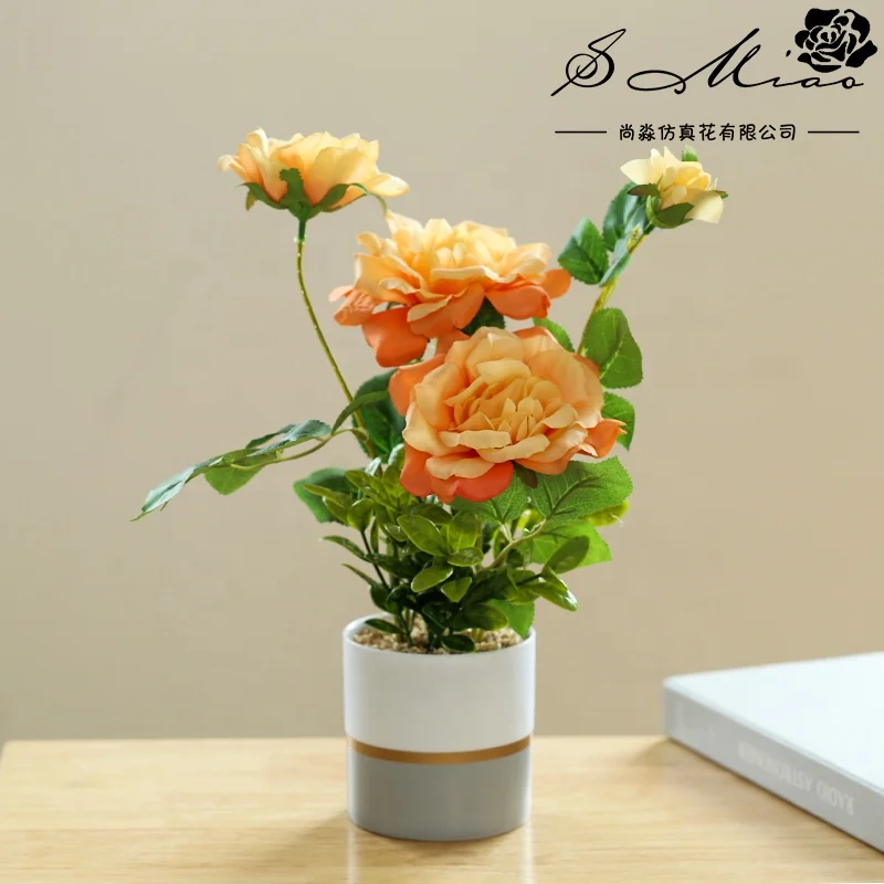 High quality artificial Chinese rose bonsai plastic pot home decoration pot