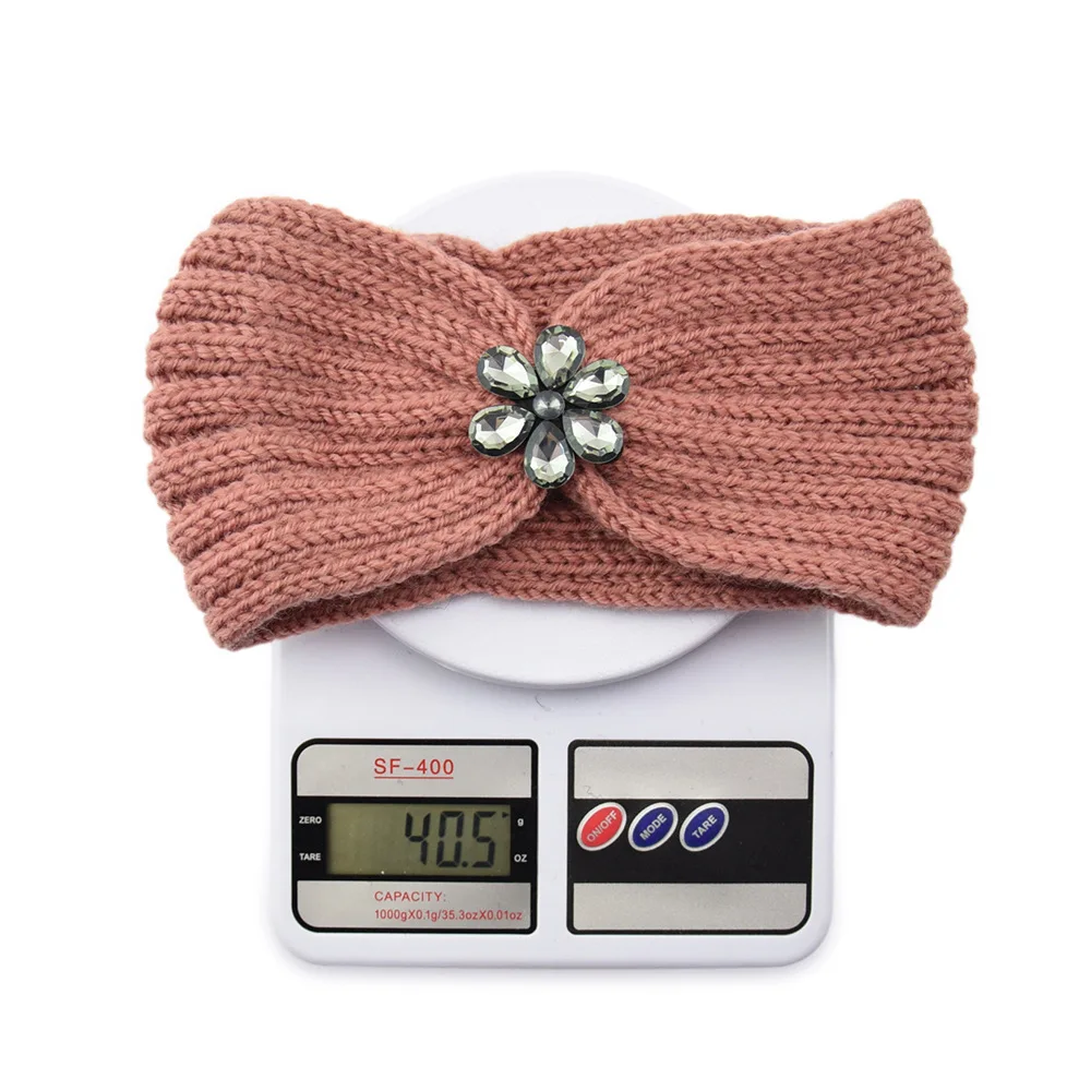 Go Party Winter Wide Brim Elastic Wool Knitted Headbands Knot Diamond Crystal Flower Twist Crochet Hair Band For Women Turban