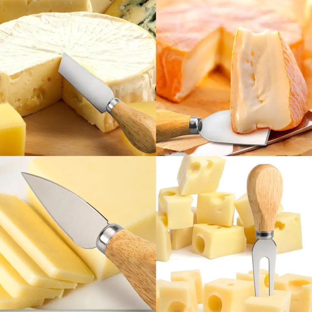 Multifunctional Portable  Natural Wood Round Cheese Board  4 Pieces Stainless Steel Cheese Knife Set with gift box