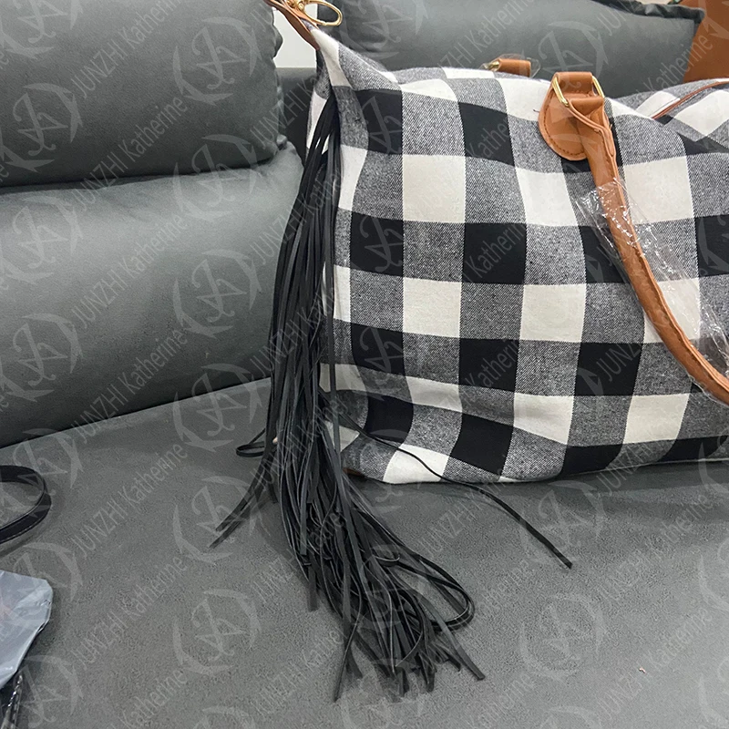 JUNZHI Red Black Buffalo Weekender Fringe Plaid Bag
