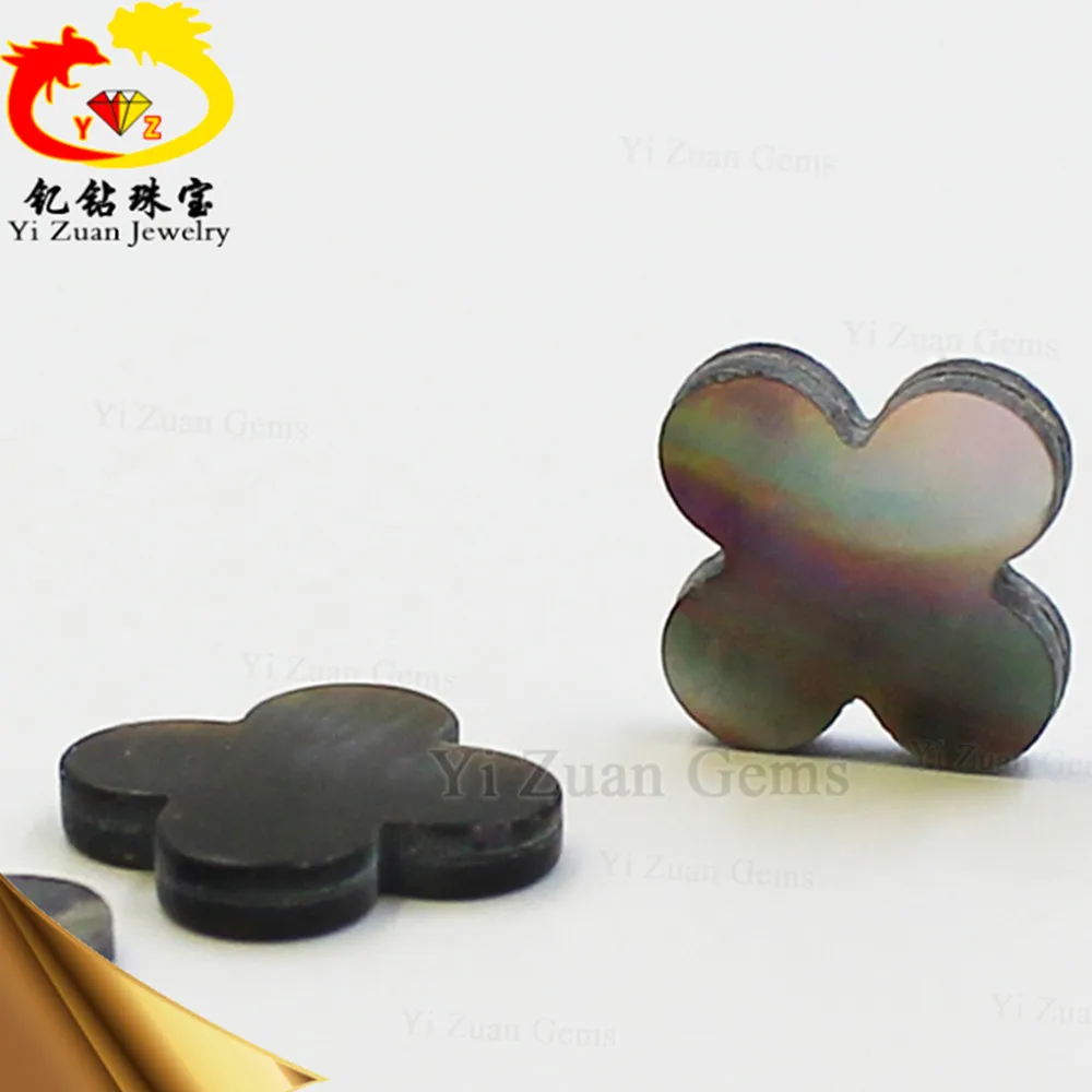 Yizuan gems black four leaf clover mother of pearl lucky stone natural seashells polished sea shell stone for jewelry making