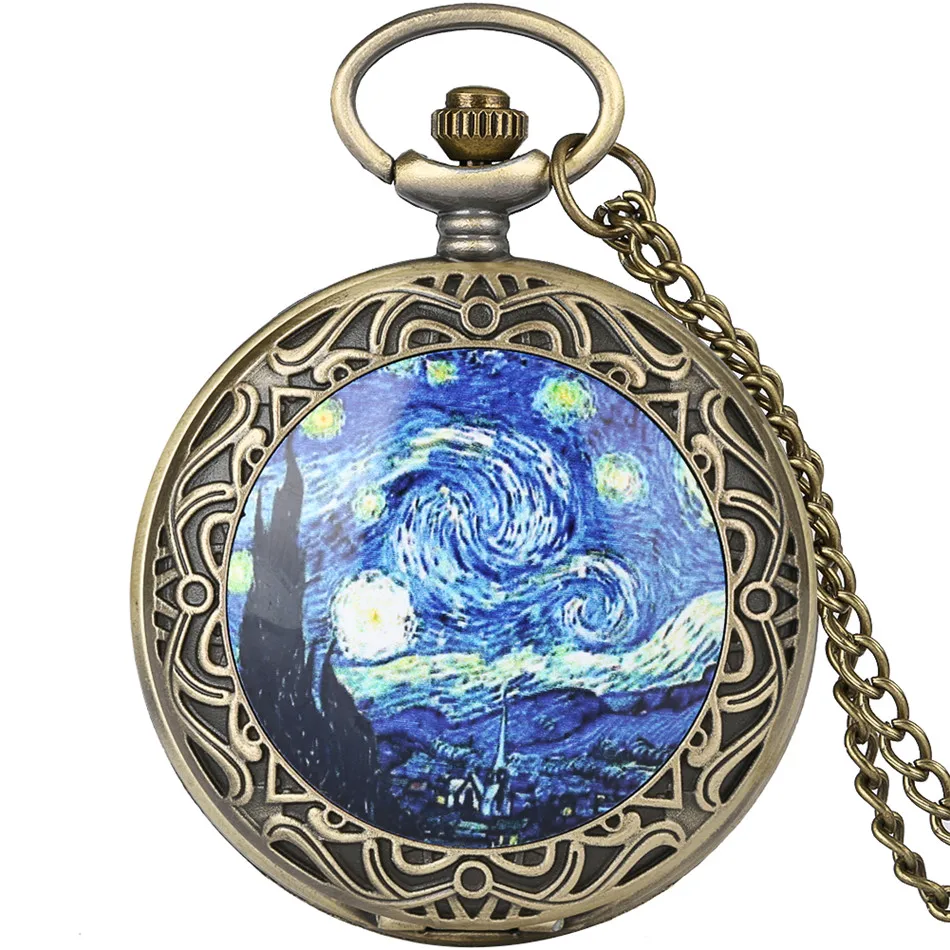 Antique Gift Steampunk Accessories Van Gogh Starry Night Pocket Quartz Watch With Fob Chain Pocket Clock