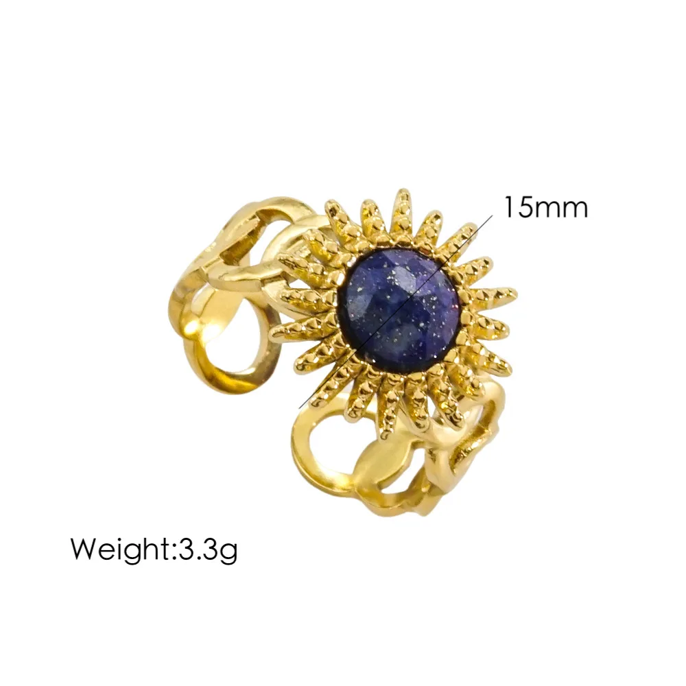 Colorful Natural Stone Setting INS Fashion Stainless Steel 14K Gold Open Turquoise End Ring