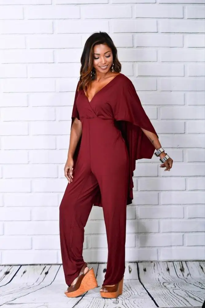 2019 Factory Price Women Sexy V-Neck Plain Color Cape Jumpsuit Women Jumpsuits And Rompers