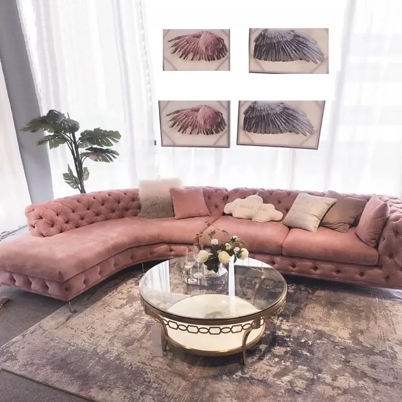 American Style Luxury Living Room Couch Velvet Upholstery Room Corner Curved Sofa