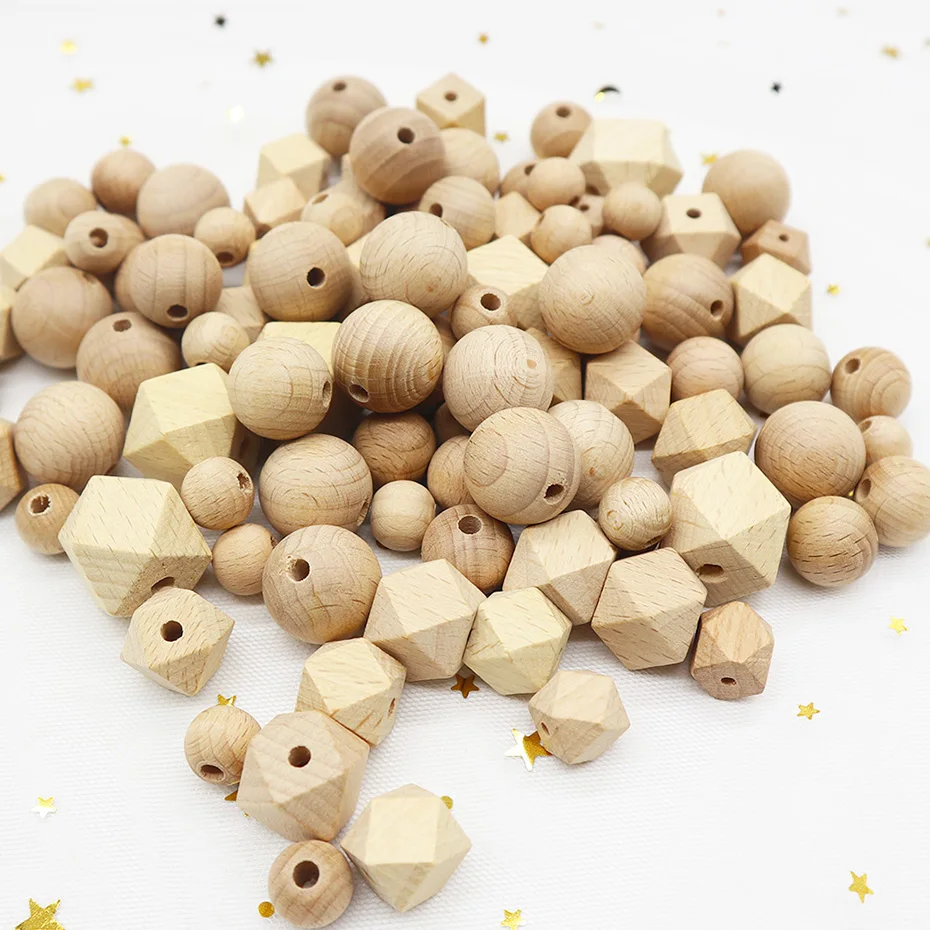 Eco-friendly Natural and beech hexagon wood beads for wooden silicone pacifier clip