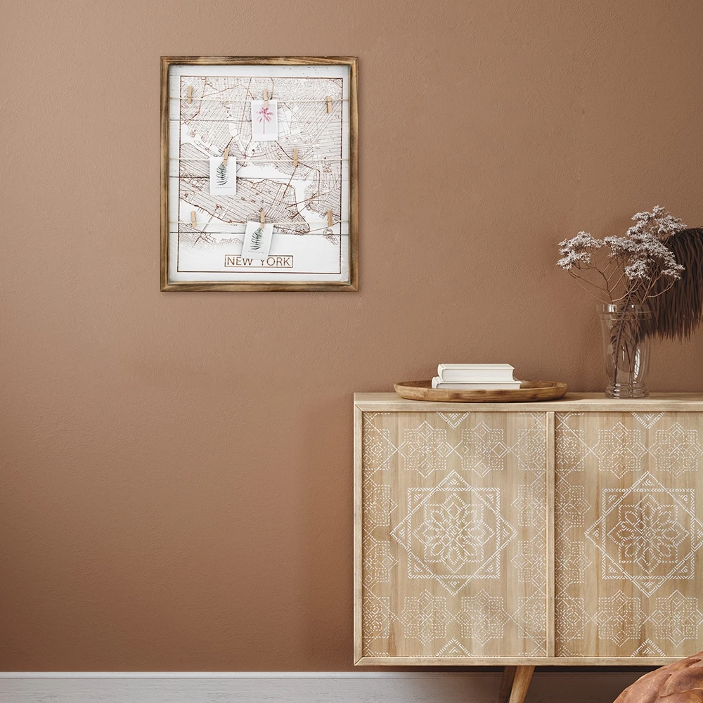 Verified Xingcheng Hot Wholesale Wall Mount Rustic Wood Clip Photo Holder New York Map Collage Frame Wooden Hanging Photo Board