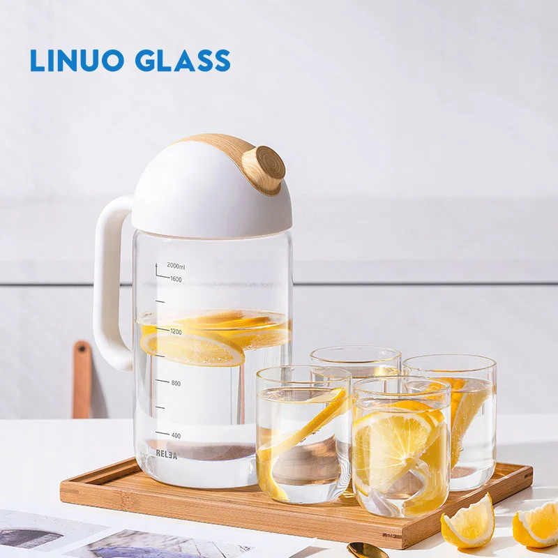 Linuo high Borosilicate Glass Cold Water Pitcher water jug with lid glass cold water pot with cups