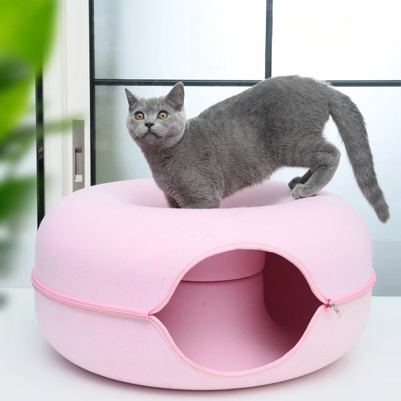 Wholesale Custom Cat Cave Tunnel Donut Pet Cat House Large Donut Design Tunnel Play Zipper Design Felt Cat Bed polyester