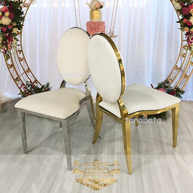 
 Элегантный дизайн, кожаные подушки, серебристый круглая спинка из нержавеющей стали, Штабелируемый свадебный стул  