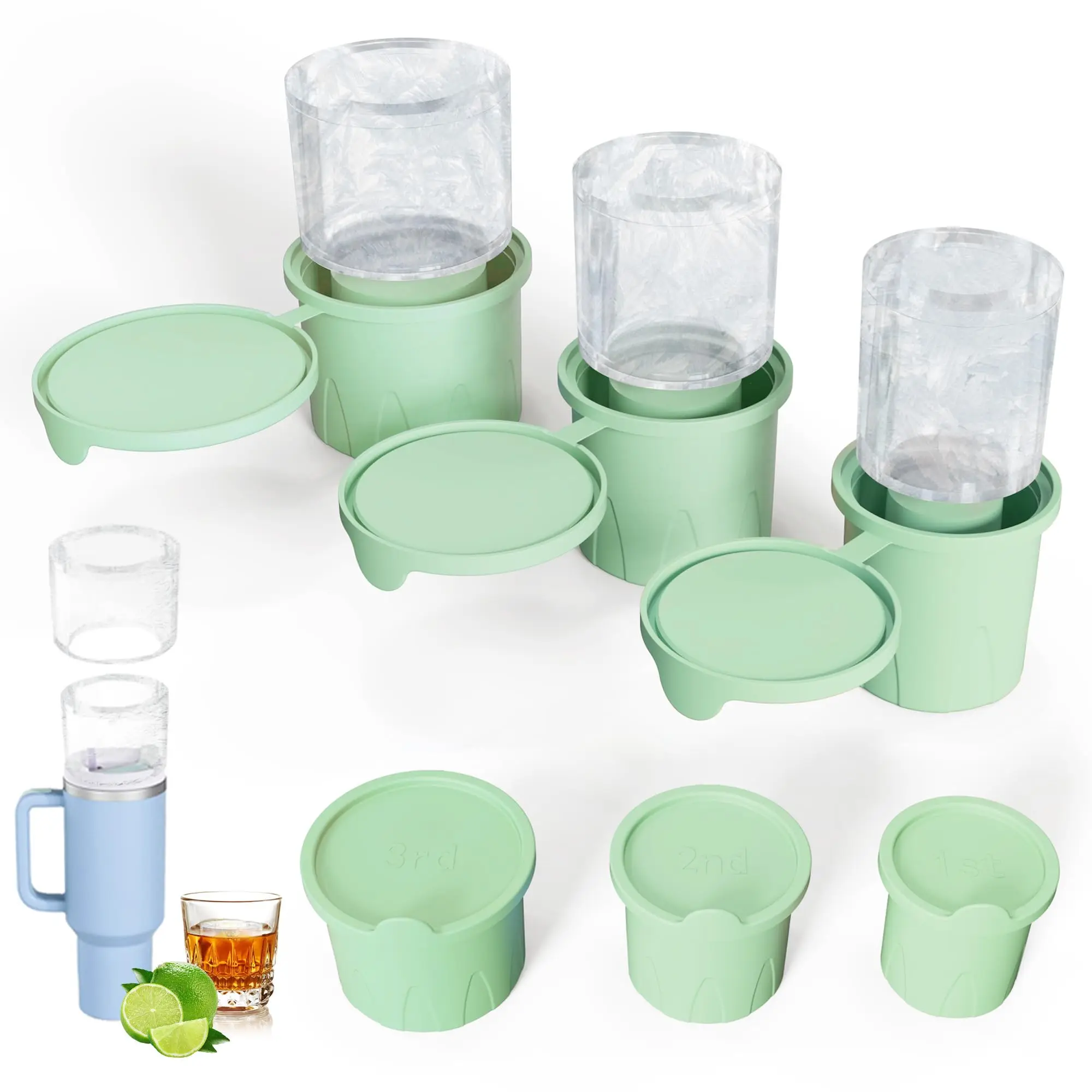 3Pcs Hollow Cylinder Tumbler Ice Cube Mold Release Ice Maker Silicone Ice Cube Tray with Lid for Cocktails Whiskey
