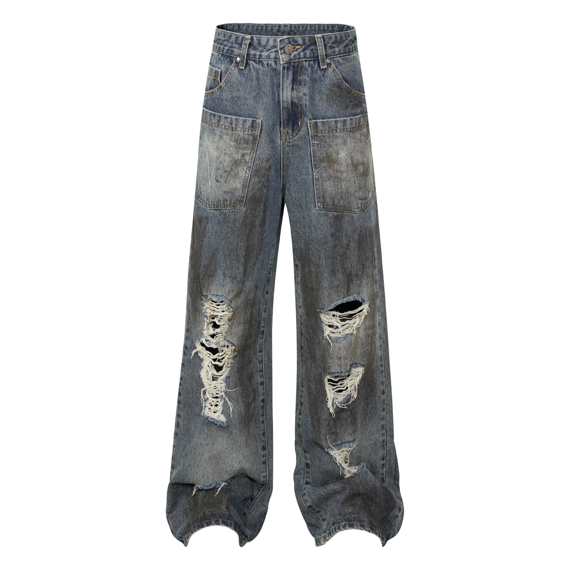 Retro High Street Ripped Custom Dirty Graffiti Paint Wide Leg Baggy Blue Jeans For Man