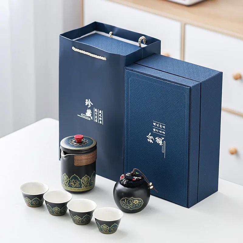 Business gift all in one portable mini portable ceramic pot and cup Chinese luxury tea set