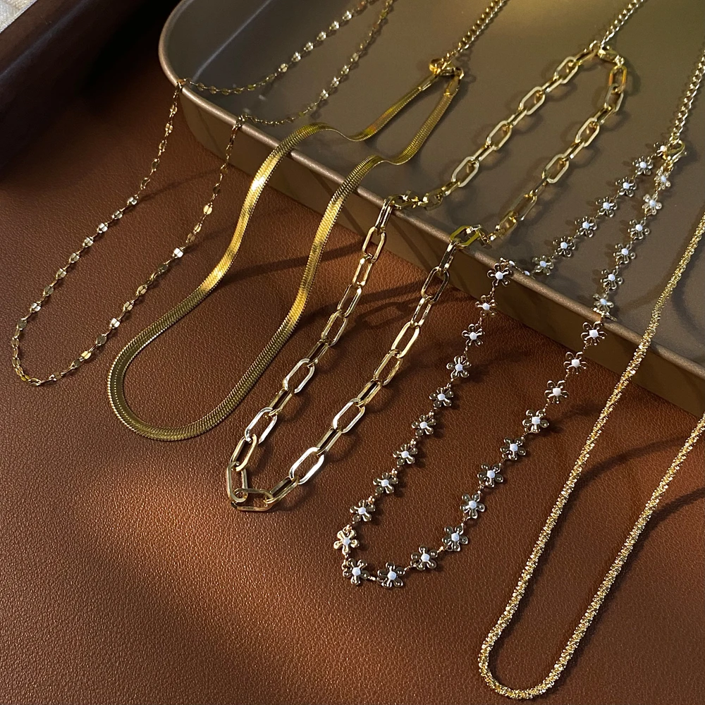 Vershal HJ-016 Jewelry Minimalist 18K Real Gold Plated Flat Chain Snake Chain Classic Daily Necklace