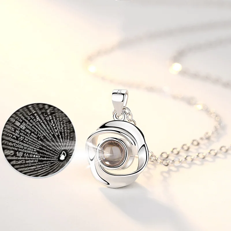 925 sterling silver chain 100 language i love you projection spinning necklace