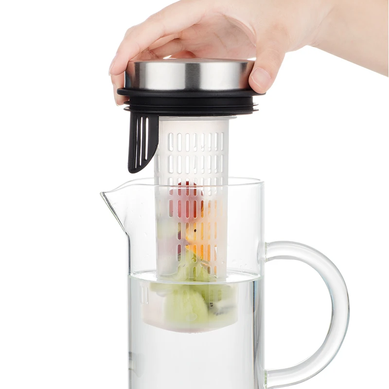 manufacturer large borosilicate glass pitcher water carafe jug fruit infuser filter stainless steel lid 1000ml