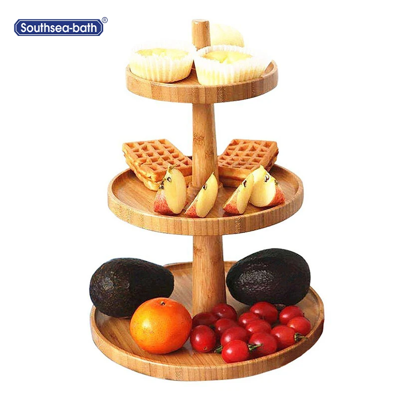 Customized design wedding bamboo cake stand 3 tiers with rotating design