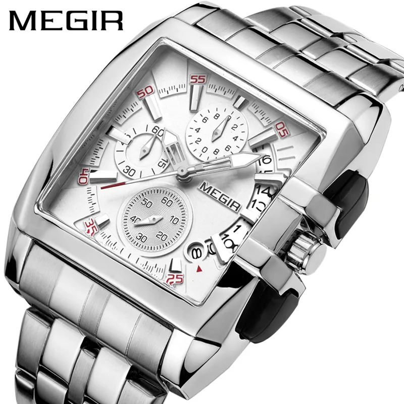 2024 Newest Megir 2018G Top Brand Men Wristwatch Square Stainless Steel Chronograph Calendar Waterproof Quartz Watch Reloj