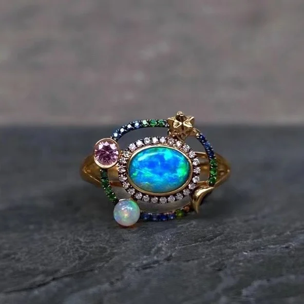 
Customized Women Fashion Ornament Universe Nebula River Two Row Star Rings 14k Solid Gold Natural Diamond Ring 