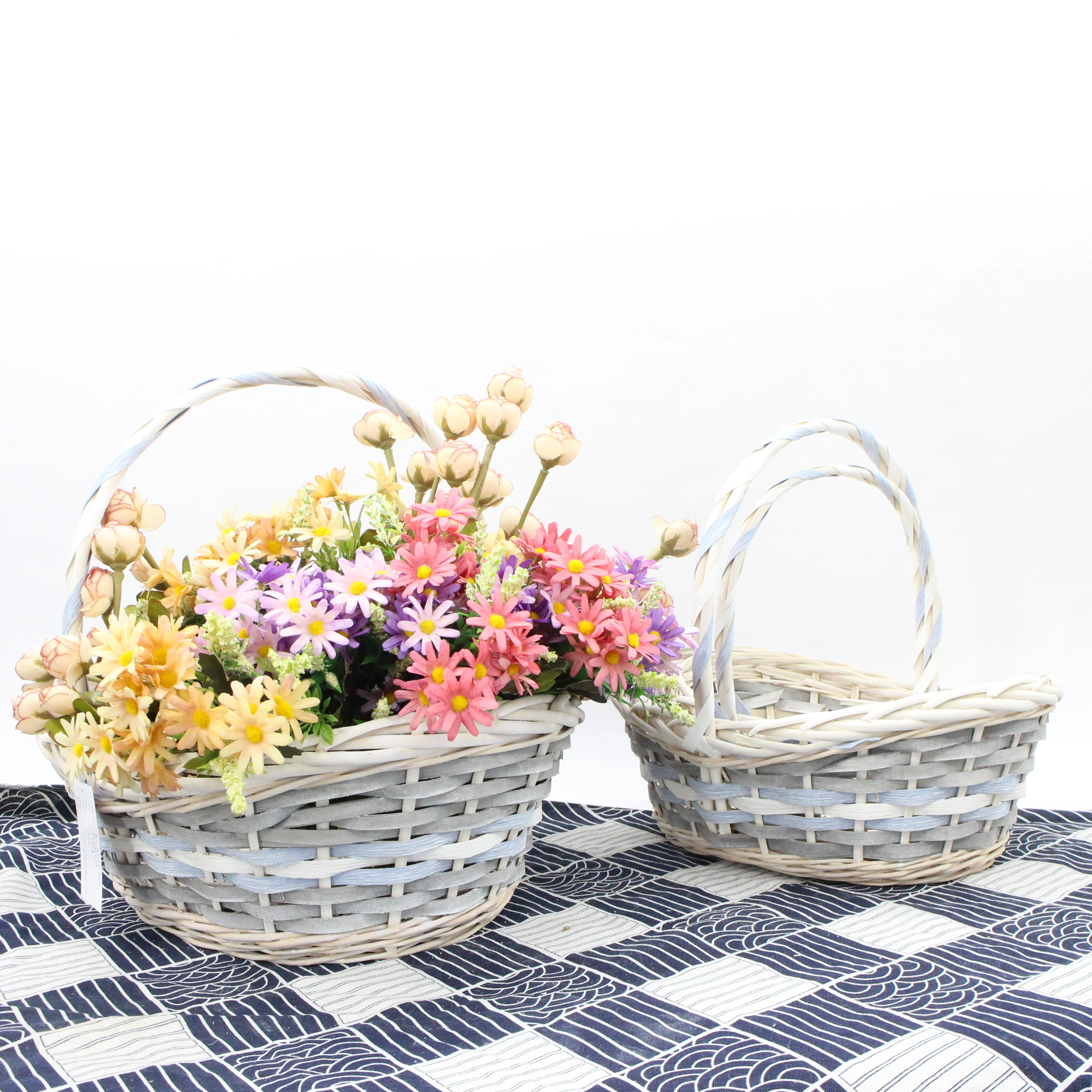 Boat shaped blue gray decorative strip wicker wood mixed woven flower basket storage basket