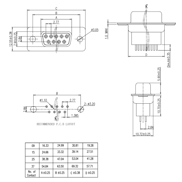 DB Connector Dual Row D-SUB 9Pin DB9 Female Receptacle Connector