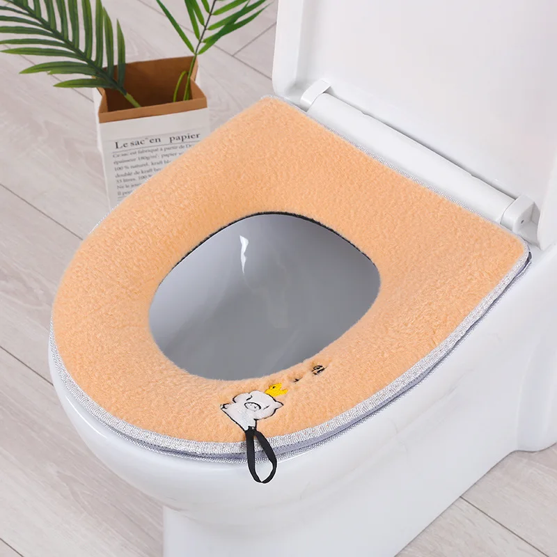 Universal Toilet Seat Cushion Plush With Handle Cute Cartoon Waterproof Household Toilet Seat Cover