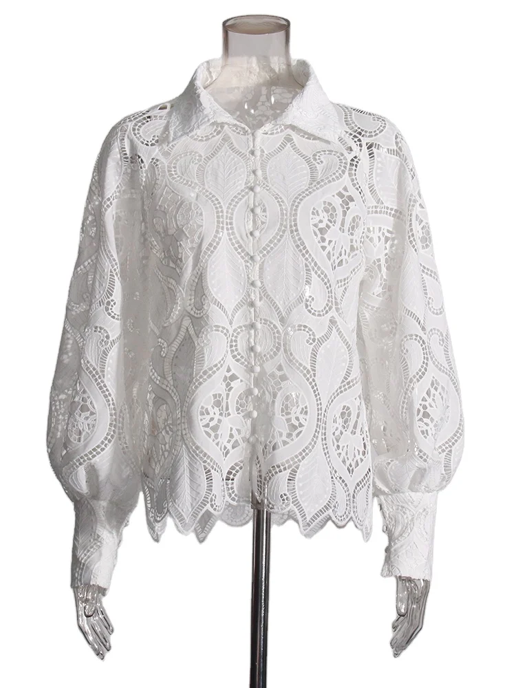 TWOTWINSTYLE 2024 Summer New Arrival Advanced Fabric Unlined Hollow Perspective Long Sleeve Sexy Blouse