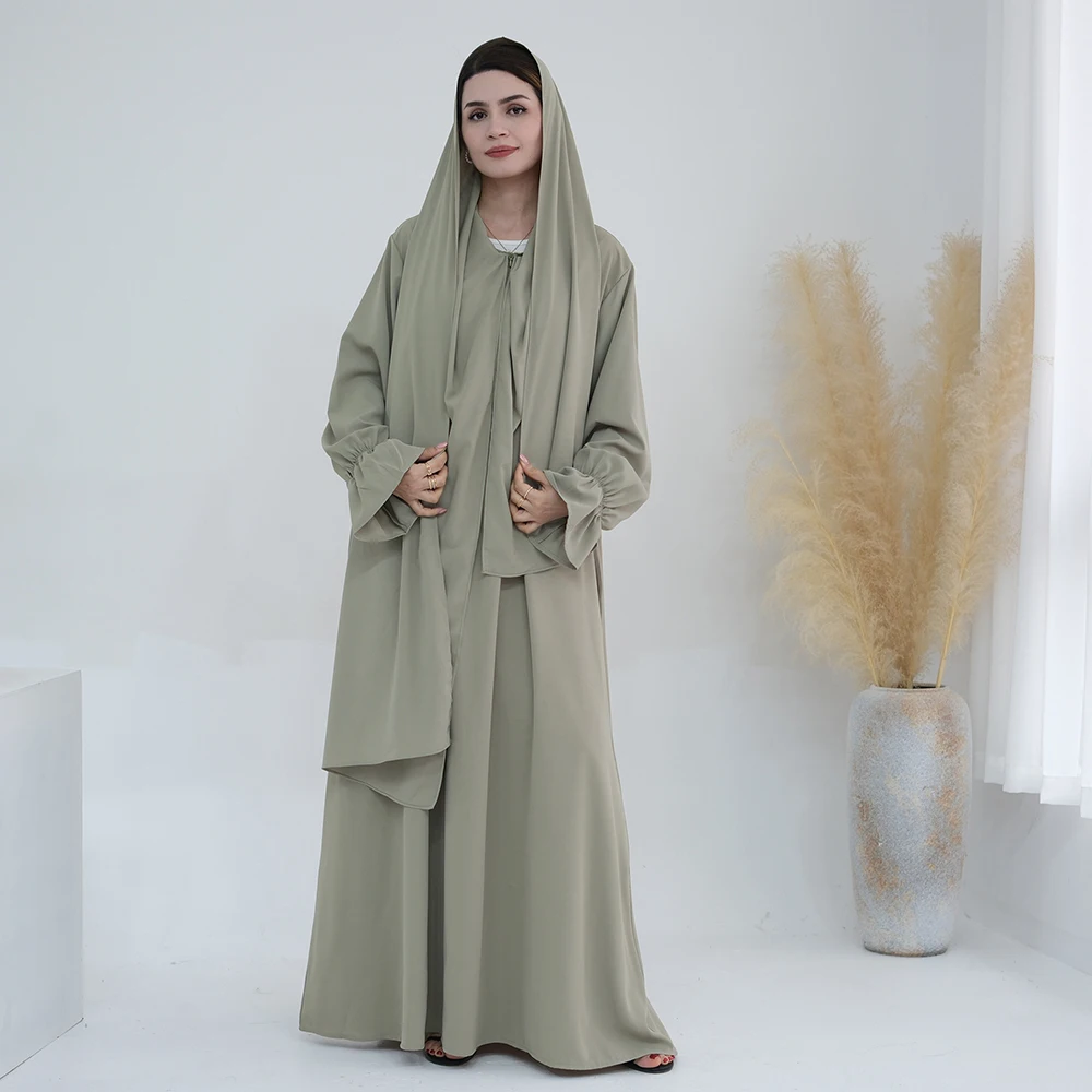 Modest Muslim Women One Piece Prayer Hijab Dress Solid Color Plus Size Trumpet Sleeves Ramadan eid Jilbab Abaya Muslim Dress