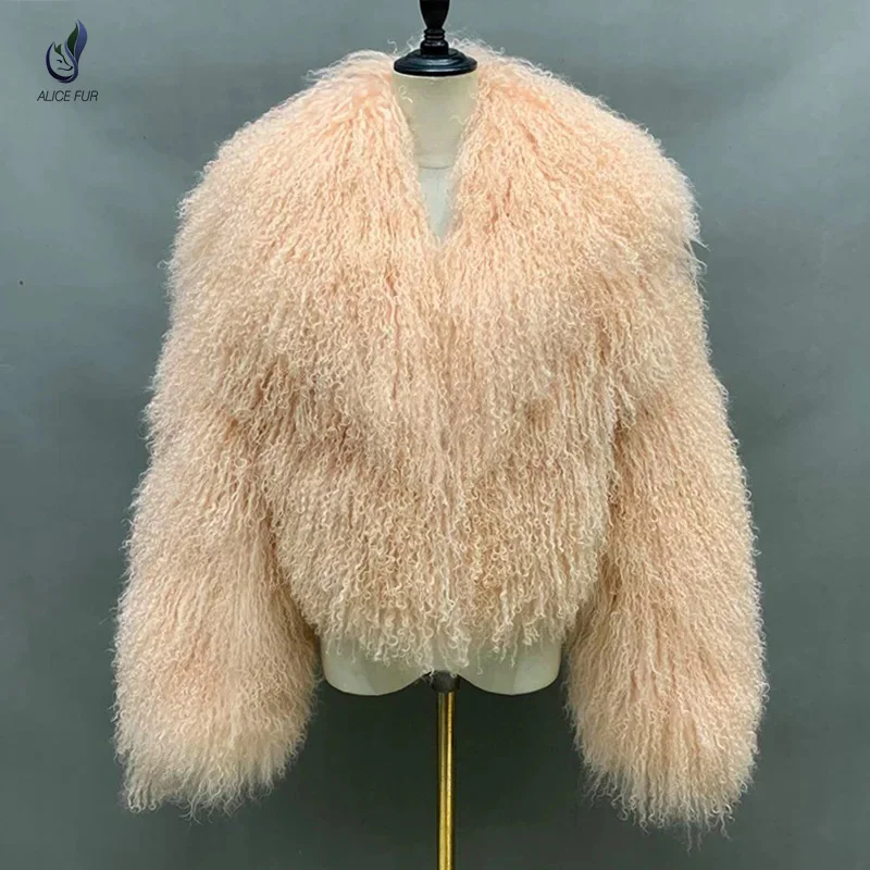 Wholesale Supply Winter Warm Fluffy Real Fur Coat Ladies Cropped Real Mongolian Sheep Fur Jacket
