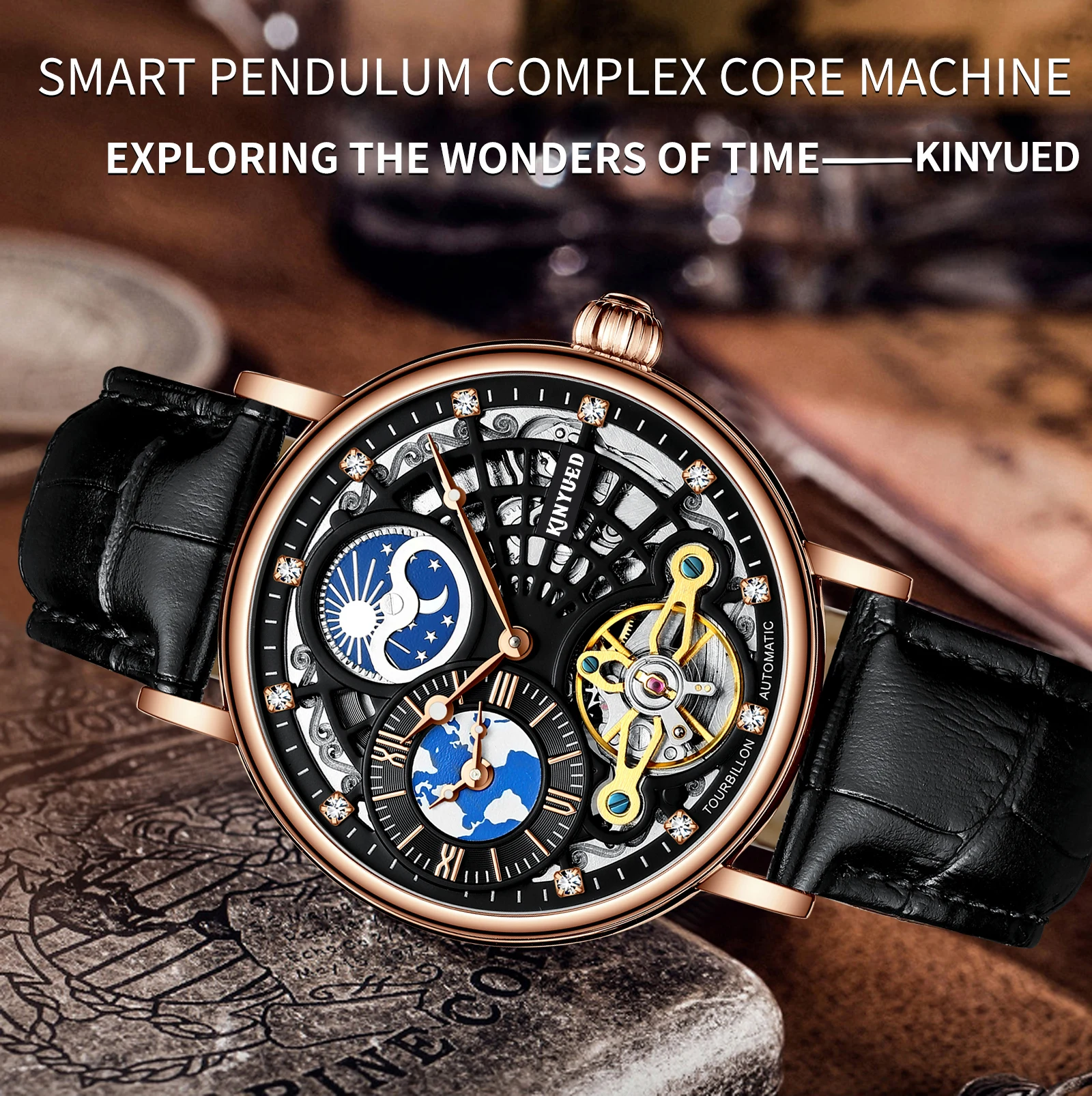 2023 Kinyued J098 Watch With Custom Logo Moon Phase Luxury Tourbillon Automatic Mechanical Watch