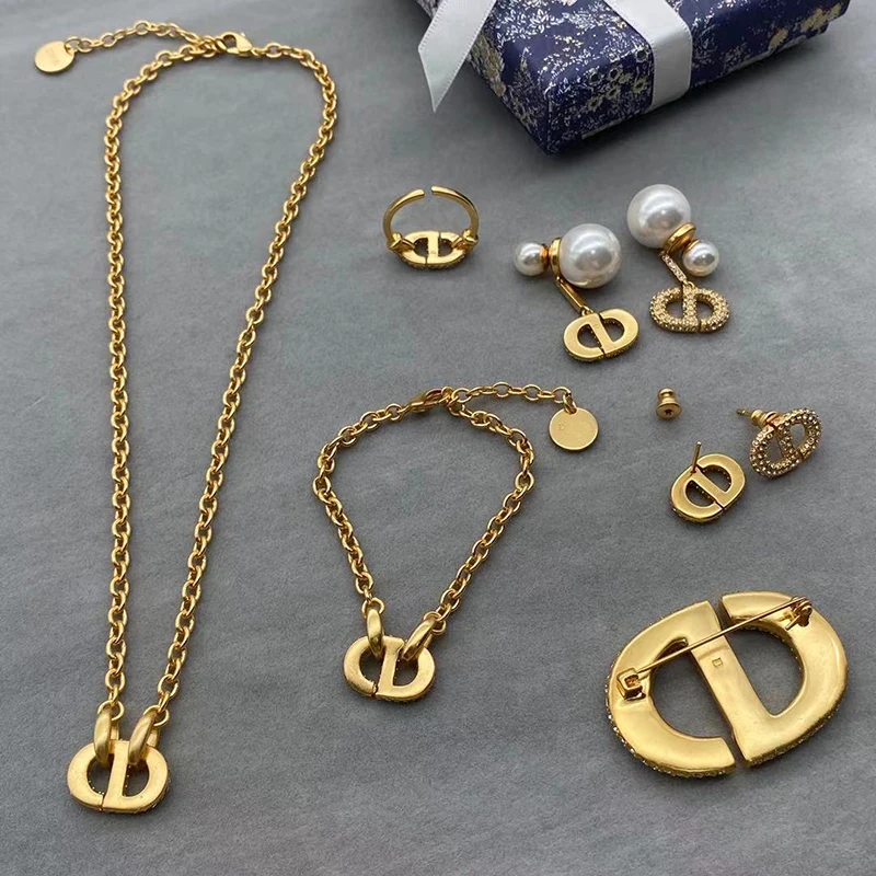 New Arrival Stainless Steel Thick Chain CD letter ring CD earrings Neck Jewelry Letter CD Pendant Custom Cuban Chain Necklace