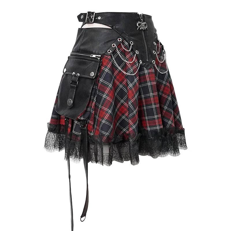SKT110 summer japanese fashion lace up leather waist Scottish plaid punk cute girls small Tartan skirt with bag